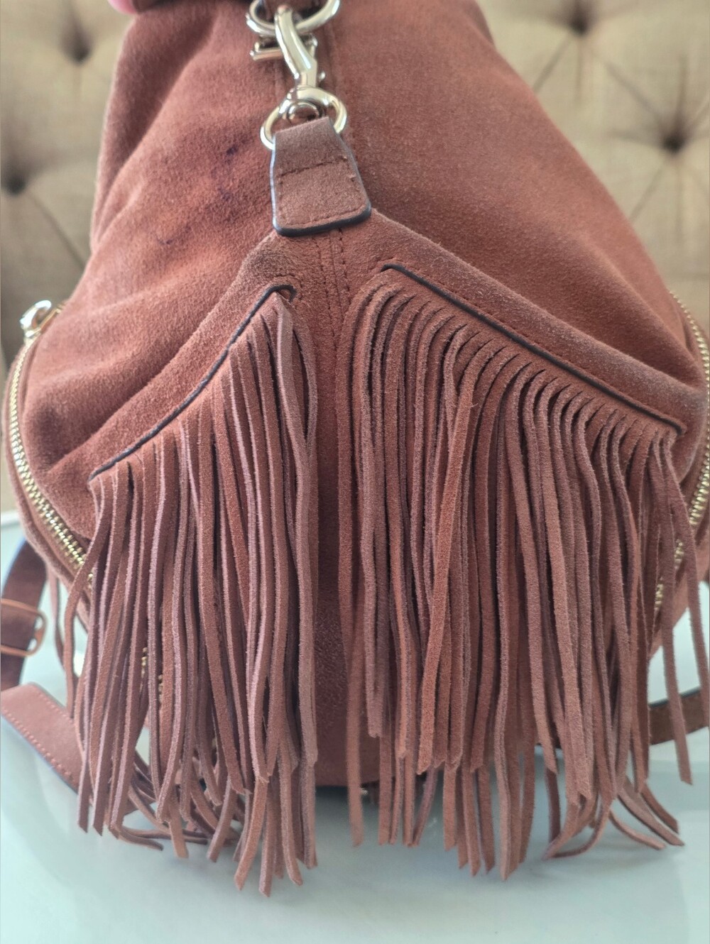 $348 Rebecca Minkoff Julian Fringe Backpack Brown Suede Concert Boho - Picture 7 of 15